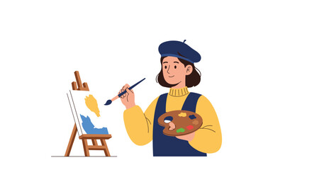 Fototapeta premium A female artist in a blue beret and apron painting on an easel with a vibrant palette