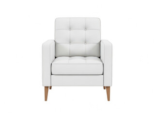 Modern white armchair with wooden legs and tufted backrest isolated on transparent background