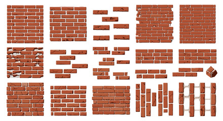 A collection of red brick wall sections and fragments in various shapes and sizes for design use