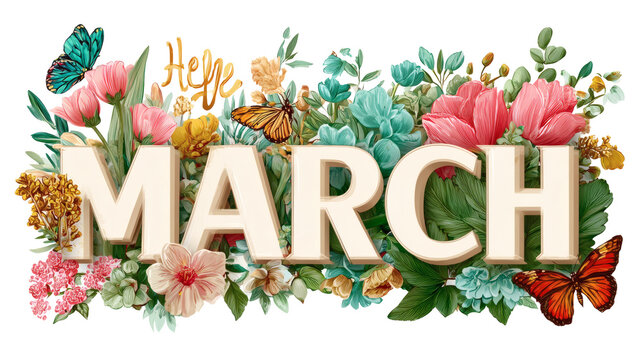 Hello March typography with spring elements isolated on a white background