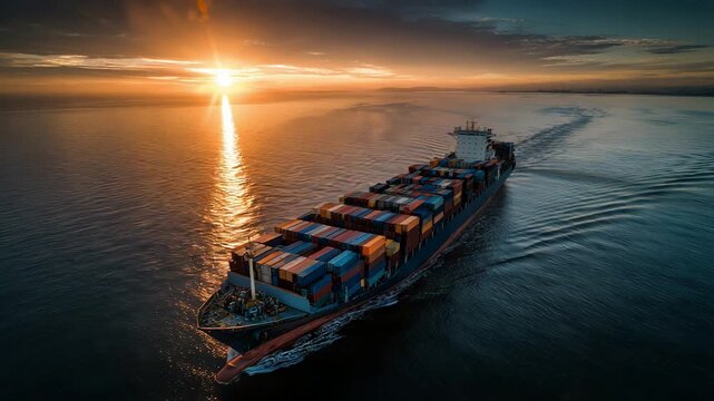 Sunrise Illuminates Cargo Ship Crossing Peaceful Ocean Waters