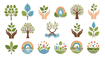 Fototapeta premium A colorful vector graphic illustration of various tree and nature icons with a rainbow theme