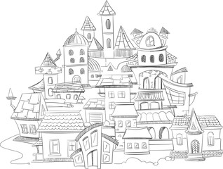 Obraz premium Hand drawn fantasy town houses. Ornate vintage street