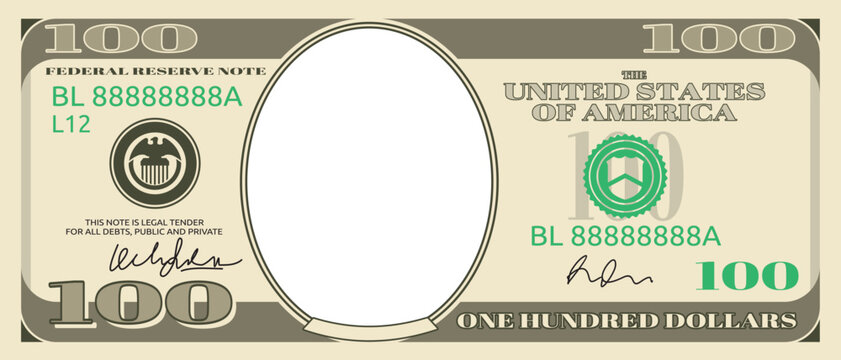 Dollar bill with empty frame. Blank money banknote