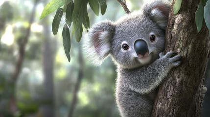 A charming koala clings to a tree branch, looking adorable AI Generative