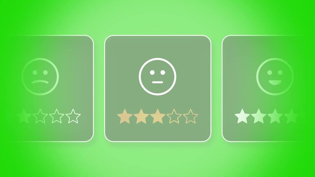 Animated 3-star rating survey, glowing yellow stars standard performance, average service feedback, moderate user satisfaction, neutral customer experience, chroma key, Copy space