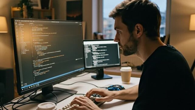 Young Man Coding At His Home Office Desk