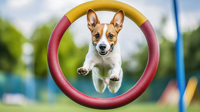 A Jack Russell Terrier dog is joyfully leaping through a hoop during an agility course, showing its athletic ability AI Generative