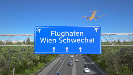 Blue motorway sign for Vienna Schwechat Airport with an airliner flying above along the road toward the airport. 3D rendering © Maxim