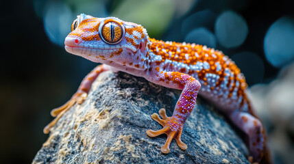Obraz premium A colorful gecko perched gracefully on a textured rock, its captivating eyes looking AI Generative