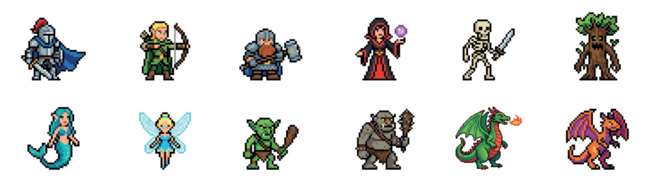 Retro pixel art fantasy characters collection. Video game assets of knight mermaid treant and dragon isolated vector sprites.