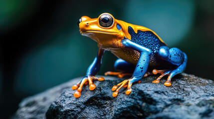 Fototapeta premium A vibrant frog perched on a rock, with bright blue and yellow skin, displaying its natural beauty AI Generative