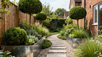Lush Curated Garden with Raised Planters and Winding Path for Landscape Design