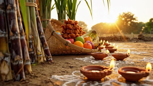 Diwali celebration with traditional offering of fruits, sugarcane, and sweets lit by lamps at sunset. Diwali setup includes colorful fruits and decorative items showcasing festival essence.