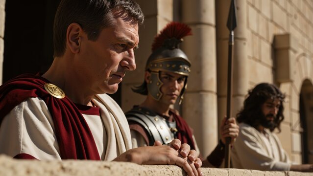 Pontius Pilate judging Jesus from a stone balcony. Roman governor with a stern expression during the trial of Christ. Biblical Easter scene