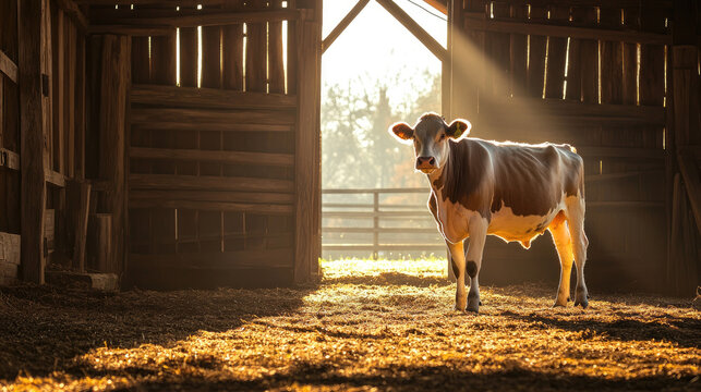 A cow standing in the barn illuminated by sunlight AI Generative