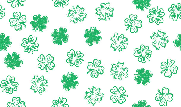 Green Clover pattern on white, Saint Patricks Day, hand drawn illustrations.