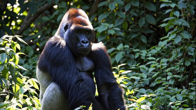 A video shows a large silverback gorilla sitting in a lush green forest surrounded by trees and foliage.