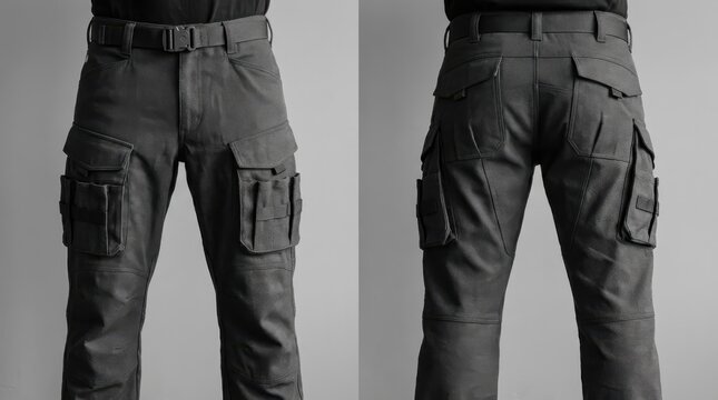Dark Grey Technical Apparel: High-Functionality Pants with Multiple Cargo Pockets for Urban Exploration and Tactical Use in a Modern, Practical Design Studio Shot