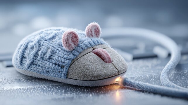 Frozen computer mouse covered with frost symbolizing cold technology failure