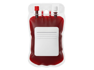 A red blood bag with a white label isolated on transparent background