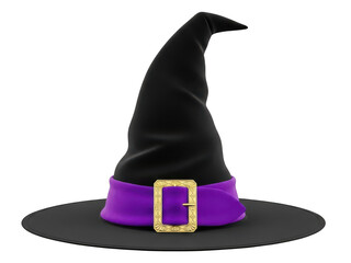 A black witch hat with a purple band and gold buckle isolated on transparent background