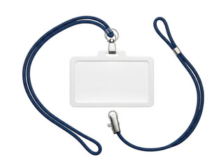 A blue lanyard with a white id card holder isolated on transparent background