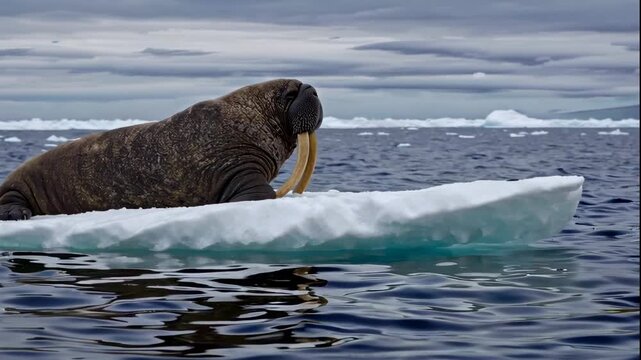 A walrus rests on a floating ice floe in the Arctic Ocean during a video expedition.