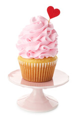 Happy Valentine's Day. Tasty cupcake with red heart topper on white background
