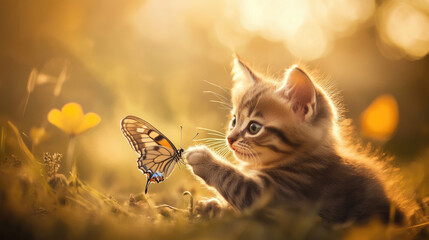 Obraz premium A curious kitten gently touching a butterfly, set in a golden, sunlit field. The kitten is captivated by the butterfly AI Generative