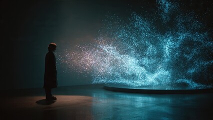 Obraz premium Person Gazing at Glowing Particle Cloud