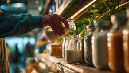 Obraz premium Pouring Non-Dairy Milk into a Jar