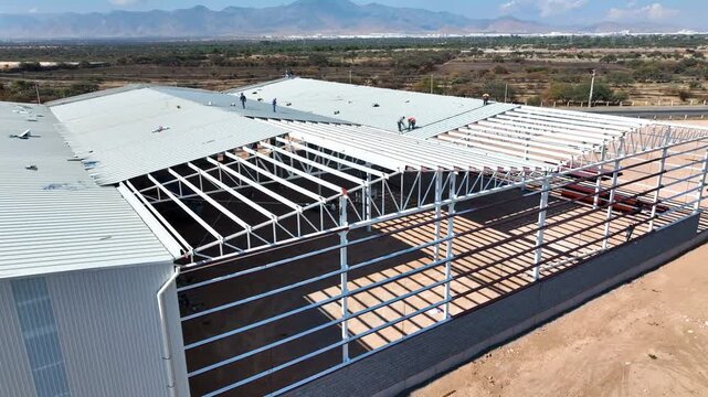  Construcci&oacute;n vista a&eacute;rea de nave industrial con techo de l&aacute;mina en parque industrial