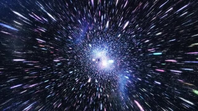 Warp speed galaxy corridor with glowing iridescent particles and dramatic sci fi motion
