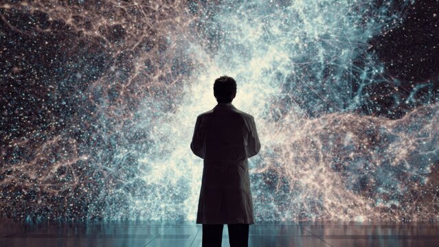Scientist contemplating galaxy's complexity