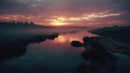 Fototapeta premium Serene river at sunrise with mist