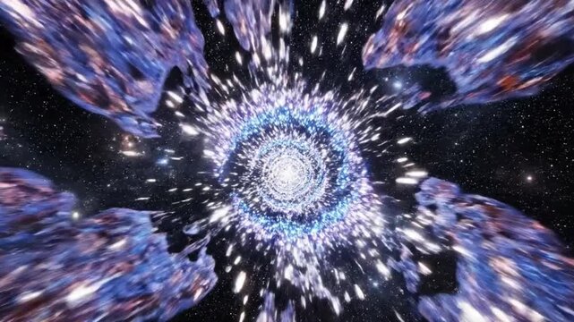 Hyperspace explosion field of radiant light shards forming flowing tunnels in deep space