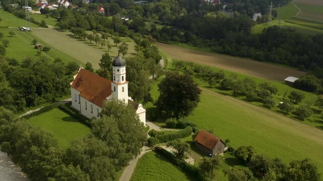 Aerial panorama view of the church Wallfahrtskirche Frauenberg  in Germany  on a sunny day in summer.