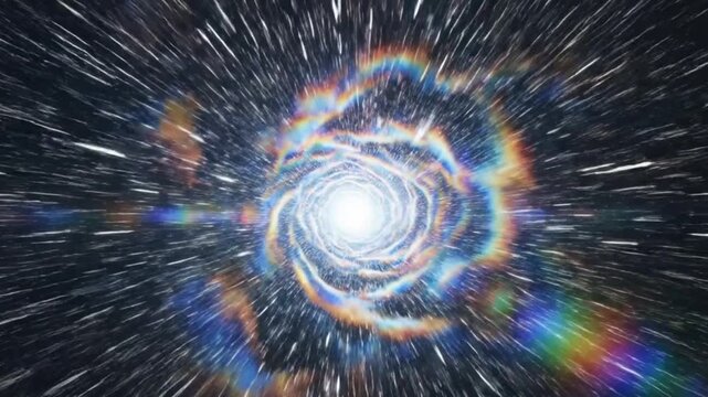Explosive hyperspace tunnel of streaking iridescent light beams with extreme warp speed cinematic motion