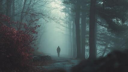 Solitary figure in foggy forest path