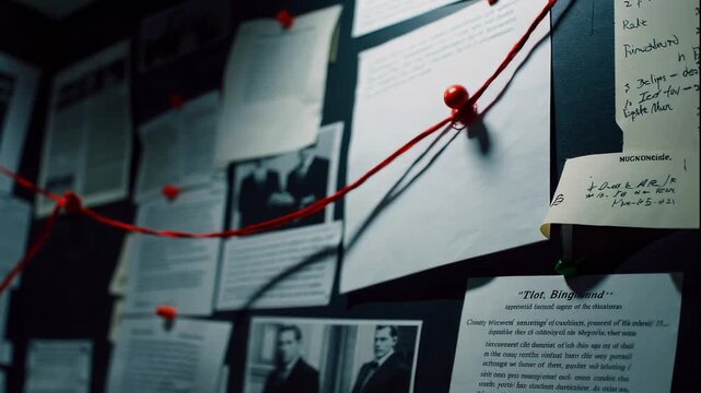 A video showcasing a wall covered in papers and photos connected by red string, illustrating a complex investigation or crime scene analysis.