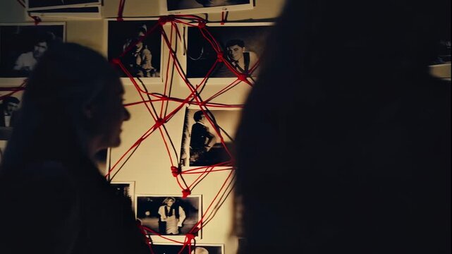 A video showcasing a large corkboard covered in numerous photos connected by red strings.