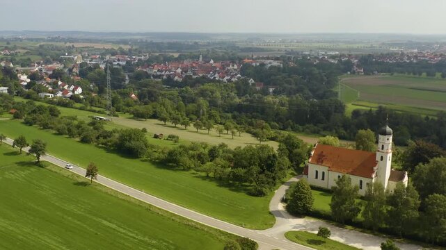Aerial panorama view of the church Wallfahrtskirche Frauenberg  in Germany  on a sunny day in summer.