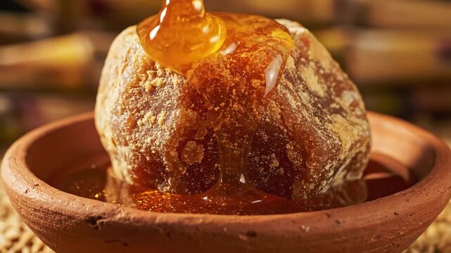 Organic jaggery served in clay pot with honey drizzling over sweet block. Jaggery offers rich, natural sweetness ideal for festive occasions and traditional recipes.