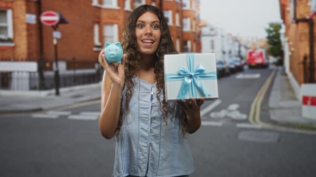 Hispanic teenage girl with long curly hair holds a blue piggybank and a ribboned gift box while smiling and presenting both on a residential street; savings celebration joy.