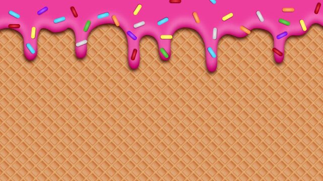 animated pink donut cream with colorful sprinkles dripping on wafer surface