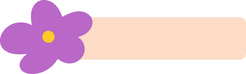 Simple purple flower on a peach banner label. Vector illustration with copy space. Isolated playful, modern design element