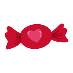A red wrapped candy with a pink heart. Valentine's Day sweet treat vector icon