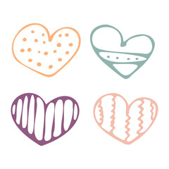 Collection of four cute hand-drawn hearts with patterns in pastel colors