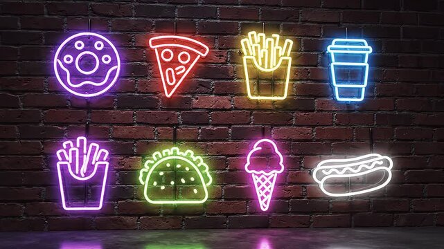 Neon signs of various fast-food items on dark brick wall